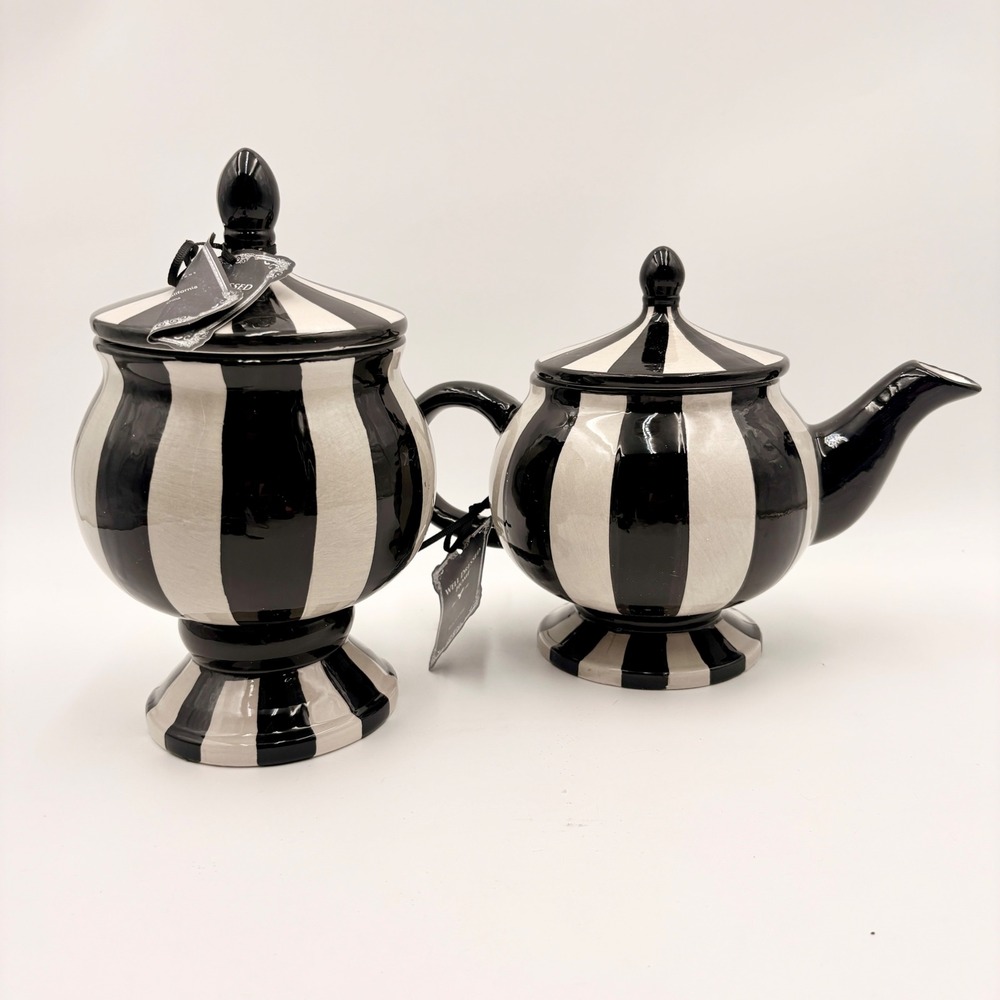 Well Dressed Home Black Gray Striped Halloween Ceramic Teapot and Canister Set